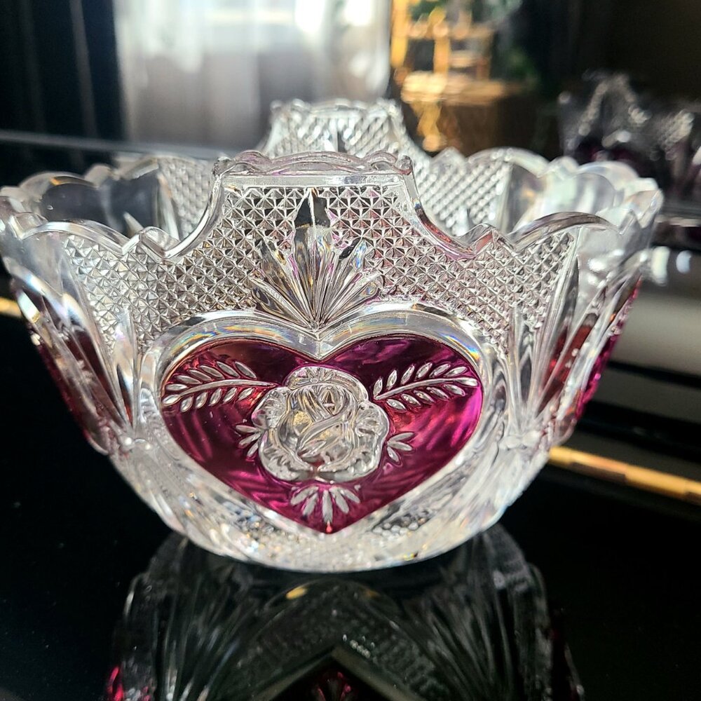 Vintage Enesco crystal bowl rose design.